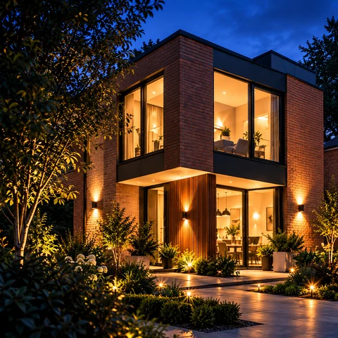 Warm exterior lighting on a contemporary brick home.