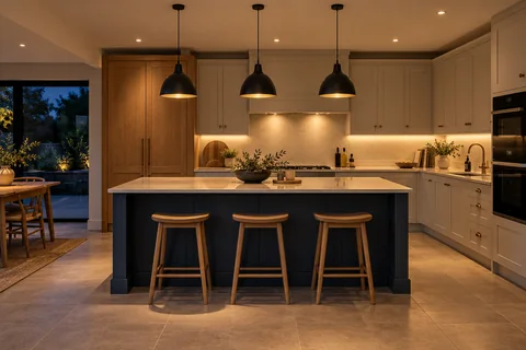 Pendant lighting above a kitchen island.