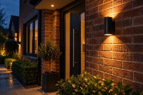 Warm wall lighting outside a brick home.